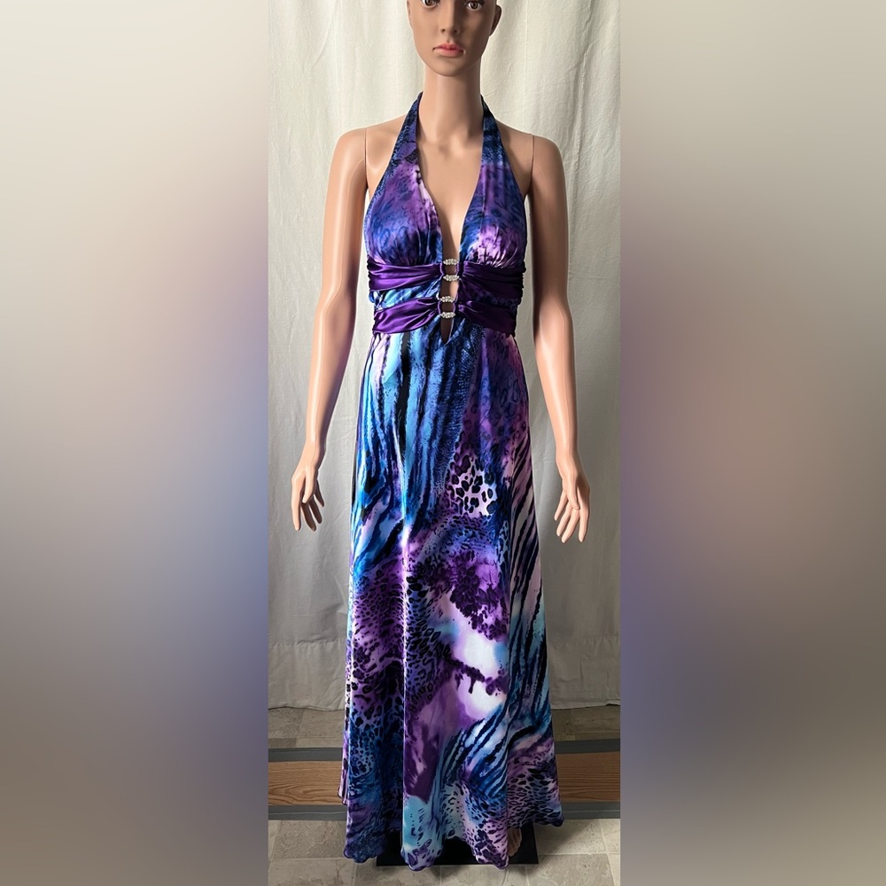 Taboo Ruched Purple and Blue Sundress Plunge Neckline